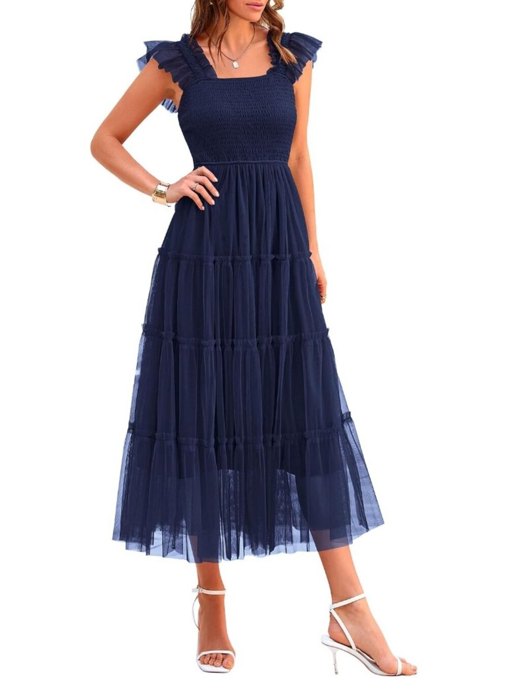 〽️Women's Wine Red Tulle Midi Dress Smocked Square Neck Sleeveless Party Dress
